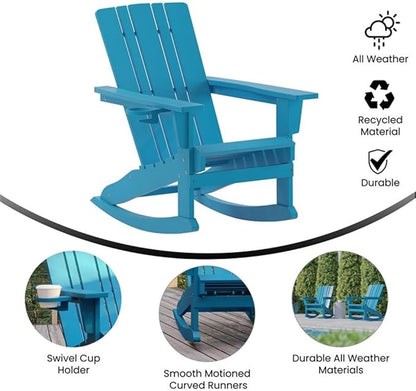 BOWERY HILL Plastic Rocking Adirondack Chair, 37.25" H x 33.5" W x 32.75" D, Blue Finish, HDPE Material, Cupholder, Indoor/Outdoor Weather-Resistant Design, Comfortable Porch Seating