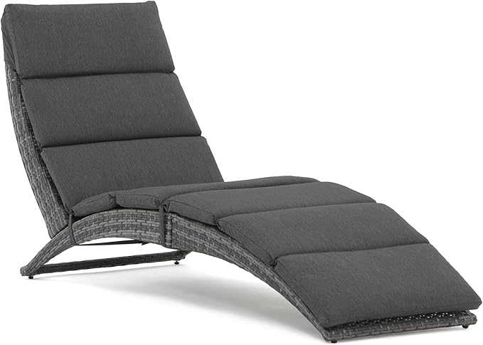 JOIVI Patio Chaise Lounge, Outdoor Lounge Chair, PE Rattan Folding Chaise Lounger with Removable Dark Gray Cushion - Photo 5