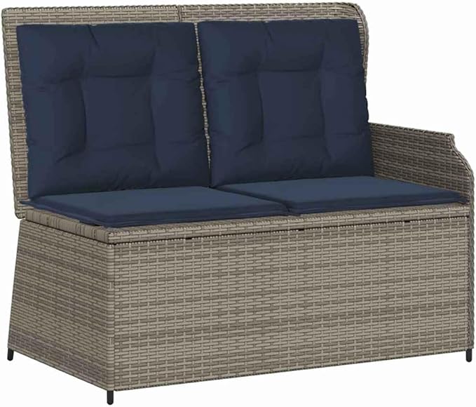 Gray Poly Rattan Garden Bench with Cushion, Adjustable Reclining Backrest and Weather-Resistant Outdoor Furniture for Patio, Modern Minimalist Design with Sturdy Metal Frame