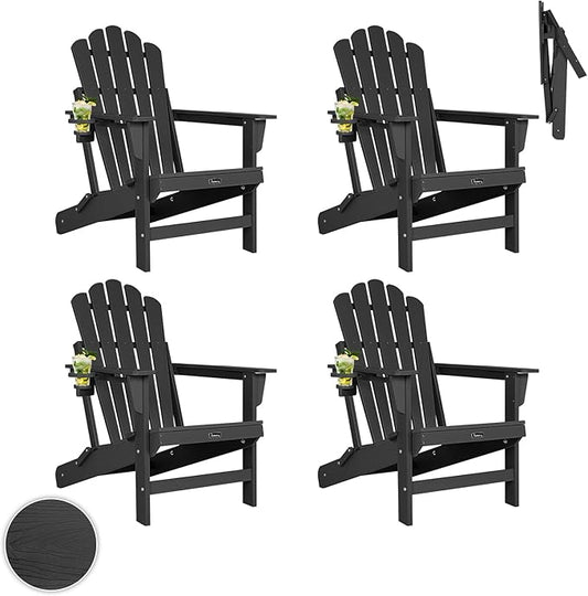 FUNBERRY Folding Adirondack Chairs Set of 4, All Weather HDPE Wood Texture Fire Pit Chairs with Cup Holder for Outdoor