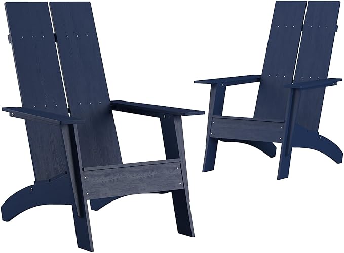 Flash Furniture Set of 2 Sawyer Modern 2-Slat Back Adirondack Chairs - Navy Blue All-Weather Poly Resin Lounge Chairs