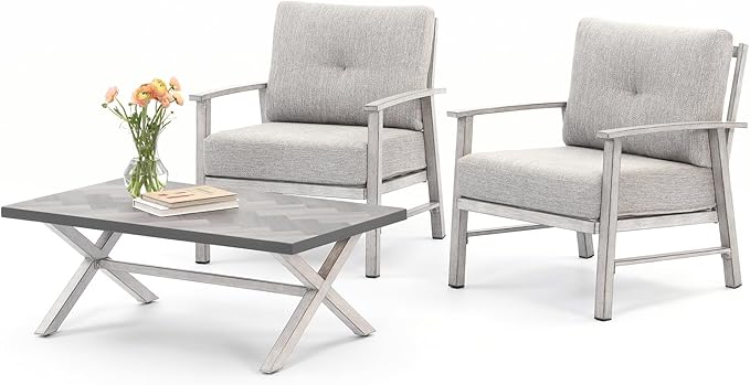 Aluminum Patio Furniture Set, 3 Pieces Outdoor Patio Bistro Set with Washable Thick Cushions, All Weather Outdoor Conversation Sets with Coffee Table for Backyard, Balcony, Lawn, White Oak