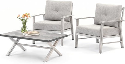 Aluminum Patio Furniture Set, 3 Pieces Outdoor Patio Bistro Set with Washable Thick Cushions, All Weather Outdoor Conversation Sets with Coffee Table for Backyard, Balcony, Lawn, White Oak