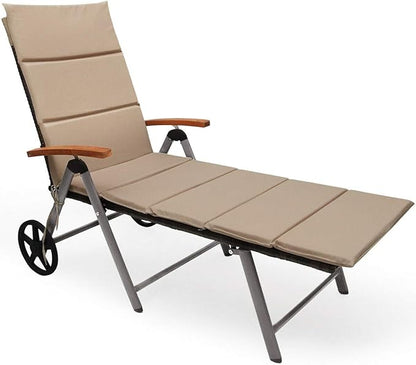 Outdoor Chaise Lounge with 2 Wheels for Easy Movement Folding Recliner 7 Adjustable Position Rattan Lounge Chair Heavy Duty Aluminum Tube Construction Perfect for Patio Garden Beach Pool Side Using