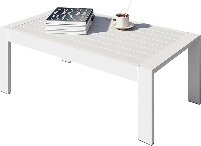 All-Weather Aluminum Outdoor Coffee Table, Modern Rectangle Patio Coffee Table for Balcony Garden, Light Grey