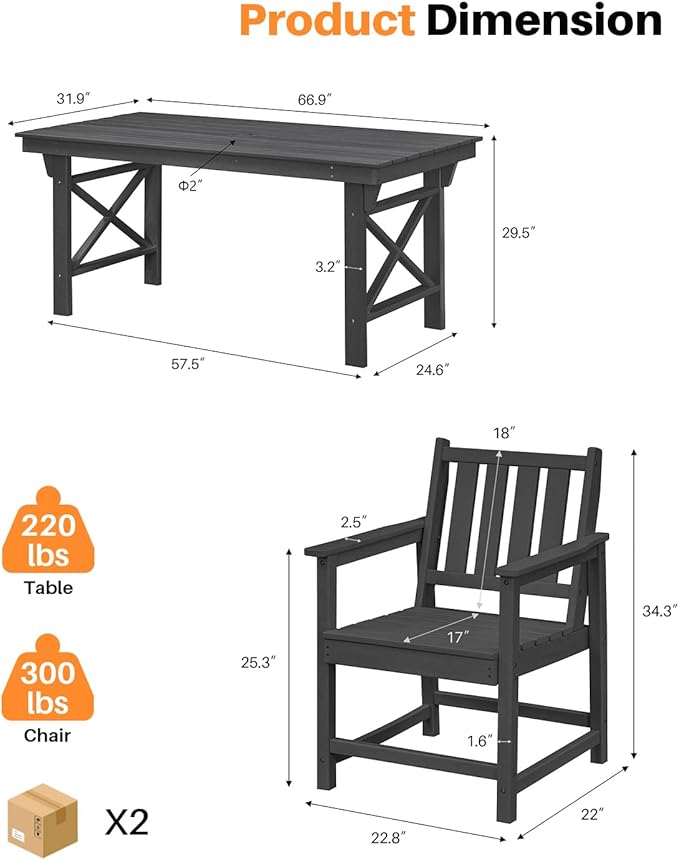 5-Piece HDPE Patio Dining Set, Outdoor Table and Chairs with Umbrella Hole, Modern Outdoor Dining Set for 4 - Photo 4