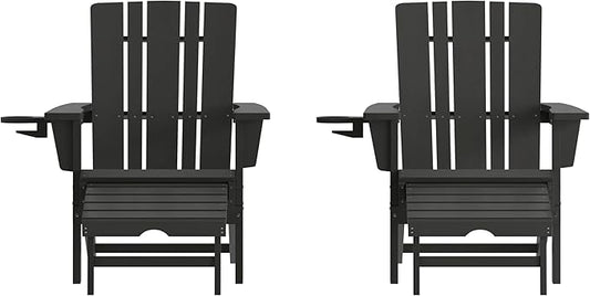 Taylor & Logan Hedley Adirondack Chair with Cup Holder and Pull Out Ottoman, All-Weather HDPE Indoor/Outdoor Lounge Chair in Black, Set of 2