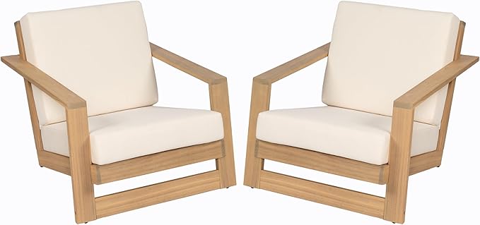 Christopher Knight Home Galio Set of 2 Acacia Wood Lounge Chair Outdoor, Wooden Patio Armchair for Lounging, Patio Furniture Single Sofa Chair Set, Comfy Reading Chair with Cushion, Light Teak+Beige