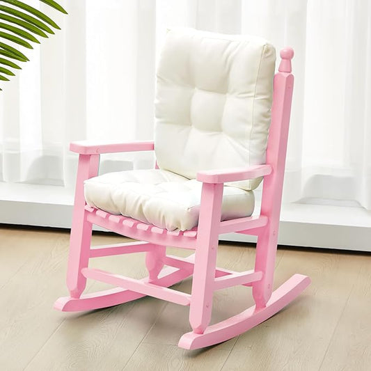 Kids Rocking Chair Cushion Pad Set Toddler Rocking Chair Indoor Outdoor Wooden Rocker Child Patio Rocker for Porch Balcony Lawn Indoor Outdoor(Pink,Ages 2-5)