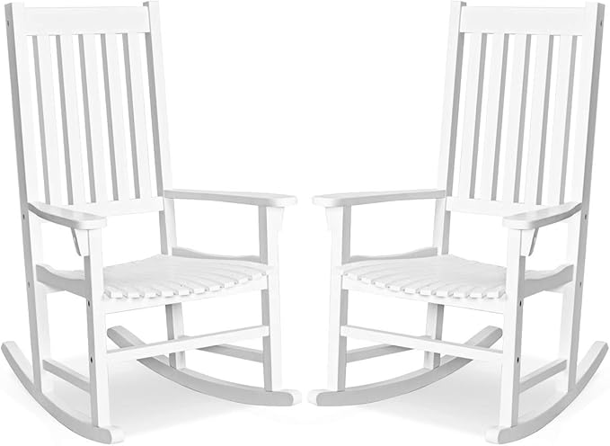 Giantex Rocking Chair Acacia Wood Frame, Porch Rocker Outdoor& Indoor for Garden, Lawn, Balcony, Backyard and Patio Porch Rocker (2, White)