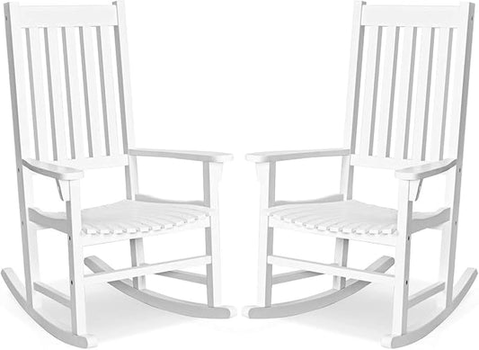 Giantex Rocking Chair Acacia Wood Frame, Porch Rocker Outdoor& Indoor for Garden, Lawn, Balcony, Backyard and Patio Porch Rocker (2, White)