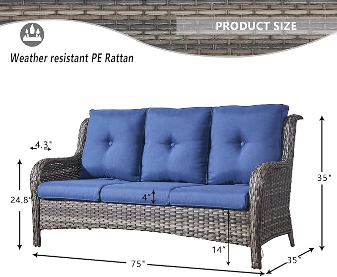 HUMMUH Outdoor Furniture 4 Pieces Patio Furniture Set Wicker Outdoor Sectional Sofa with 2 Patio Chairs,Coffee Table(Grey/Blue)