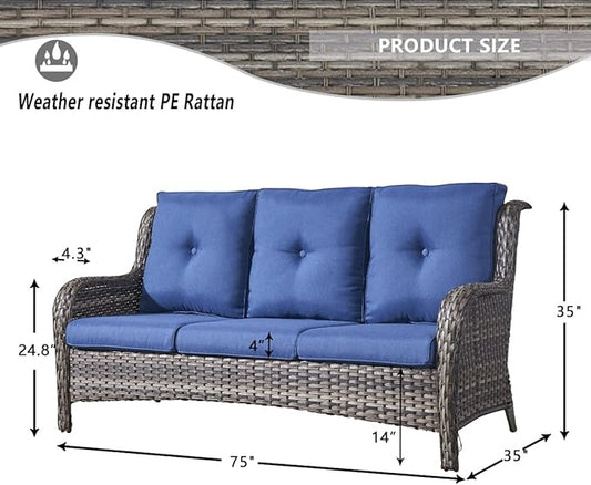 HUMMUH Outdoor Furniture 4 Pieces Patio Furniture Set Wicker Outdoor Sectional Sofa with 2 Patio Chairs,Coffee Table(Grey/Blue)