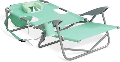 Ostrich 3 Pack On Your Back Backpack Beach Chair w/Face Hole - Adjustable, Portable Lounge Chair w/Cup Holder, Face Opening - Heavy Duty, Lay Flat Tanning Chair for Face Down Reading For Adults (Teal)