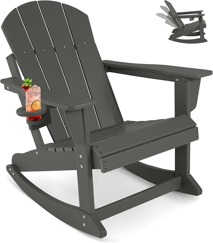 Outdoor Rocking Chair, HDPE Poly All-Weather Patio Rocking Chairs with Cup Holder for Adults, Porch Rocker for Deck Patio Balcony, 440lbs, Dark Gray