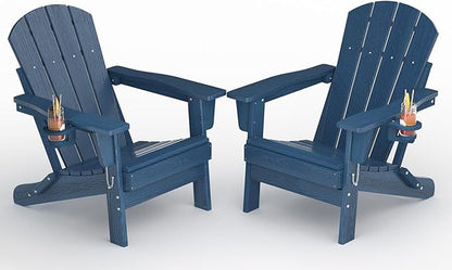 Garvee Folding Adirondack Chair Set of 2, HDPE Outdoor Patio Chair with Cup Holder, All Weather Resistent Wooden Textured for patios, Decks, Gardens, fire Pit, Navy Blue