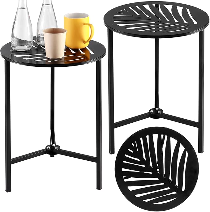 Party Zealot Set of 2 Small Round Metal Side Tables 13 Inches Black Outdoor End Tables for Patio, Balcony, Porch or Garden – Weather-Resistant Corner Coffee Table for Small Spaces & Indoor Plant Stand