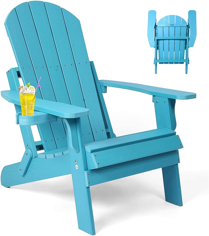Folding Adirondack Chair, All Weather Resistant Plastic Chairs with Cup Holder, Fold or Unfold Easily in 1 Second, Outdoor Chairs for Patio, Garden, Backyard Deck, Lawn Fire Pit(Lake Blue)