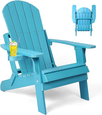 Folding Adirondack Chair, All Weather Resistant Plastic Chairs with Cup Holder, Fold or Unfold Easily in 1 Second, Outdoor Chairs for Patio, Garden, Backyard Deck, Lawn Fire Pit(Lake Blue)