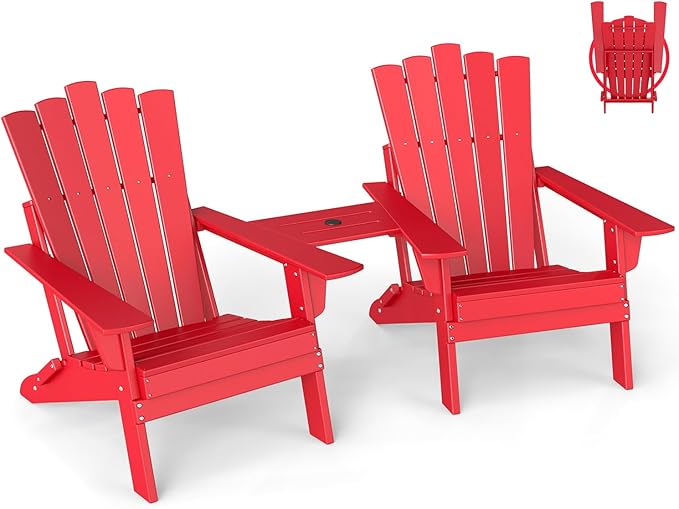GREENVINES Folding-Adirondack-Chairs-Set-of-2 | HDPE Plastic | Throne Series | Fire Pit Chair | with Connecting Tray | Removable Table | All Weather | for Outdoor Patio Deck Poolside | Red