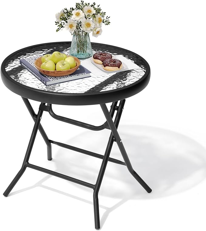 Foldable Side Table with Tempered Glass Top 18" Outdoor Folding Side Tables Small Glass Patio Table for Porch Yard - Photo 6