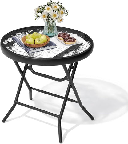 Foldable Side Table with Tempered Glass Top 18" Outdoor Folding Side Tables Small Glass Patio Table for Porch Yard Balcony Deck Lawn Dining Garden (Black)