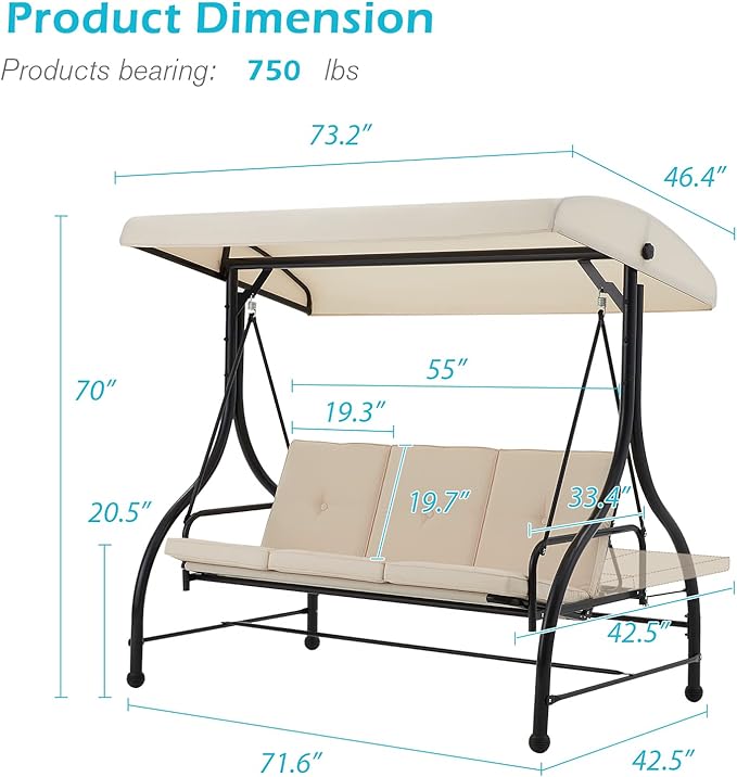 AECOJOY Porch Swing Chair, 3 Seats Porch Swing Adjustable Canopy Outdoor Swing with Stand Patio Swing Bed with - Photo 5
