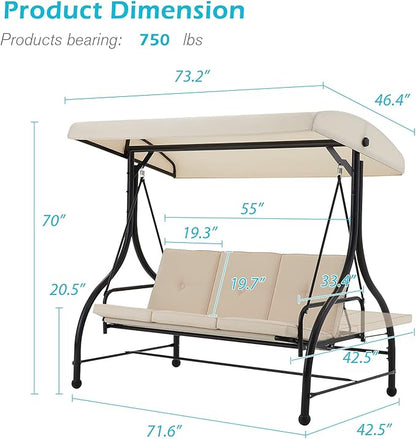 AECOJOY Porch Swing Chair, 3 Seats Porch Swing Adjustable Canopy Outdoor Swing with Stand Patio Swing Bed with Removable Beige Cushions
