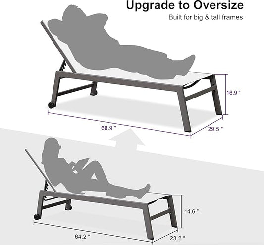 PURPLE LEAF Outdoor Chaise Lounge Set for 2 Oversized Pool Lounge Chairs with Easy-to-Move Wheels and Adjustable Backrest Extra Large Patio Loungers for Poolside Deck Beach Yard Table Included, White