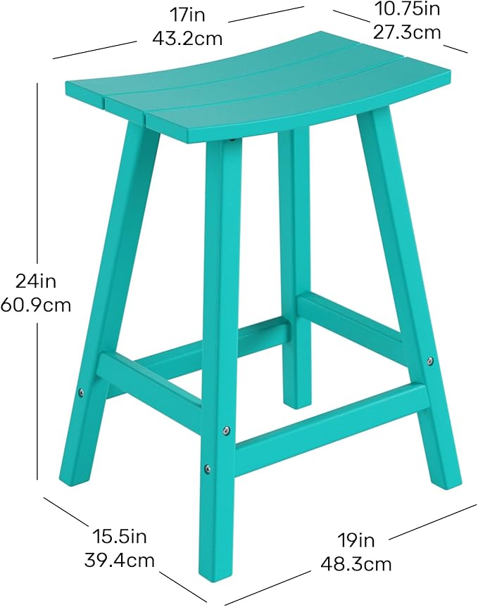 Costaelm All-Weather Bar Stools Set of 2, 24" Height Outdoor Bar Stools, Adirondack Poly Patio Bar Stool for Patio, Deck, Kitchen Counter and Garden, Turquoise