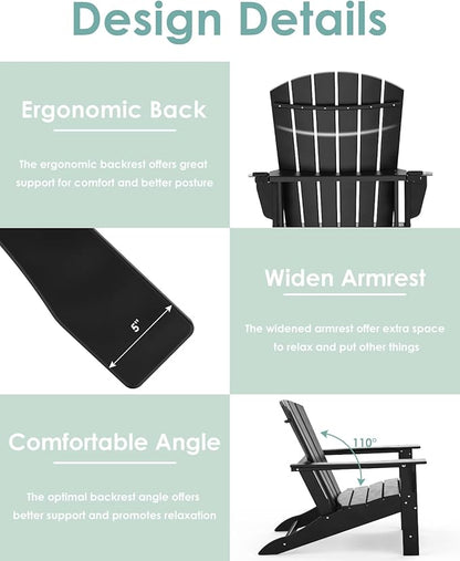 IVY&LANE Adirondack Chairs Set of 2 | HDPE Plastic | Outdoor Fire Pit Chairs | Oversized | All-Weather | Black | for Outside Deck Backyard Patio Poolside Porch Lawn