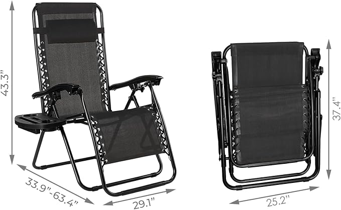 TLSUNNY Zero Gravity Chair Set of 2, Outdoor Folding Lounge W/Detachable Headrest & Holder Tray, Adjustable Textilene Lawn Reclining, No Assembly Required, for Patio, Garden, 330LBS (2, Black)