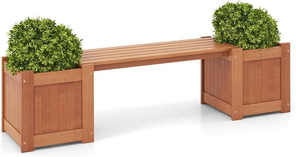 Moccha Wood Garden Bench with Planter Boxes, Raised Garden Bed with Open-Ended Base, Teak Oil Finish, Patio Planter Box Bench, Outdoor Plant Container for Garden, Yard, Lawn, Balcony, DIY Assembly