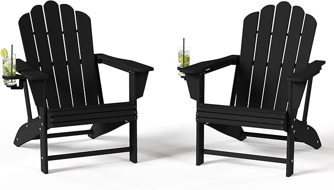 Costaelm Lakeview Outdoor Patio HDPE Adirondack Chairs with Cup Holders (Set of 2), Black