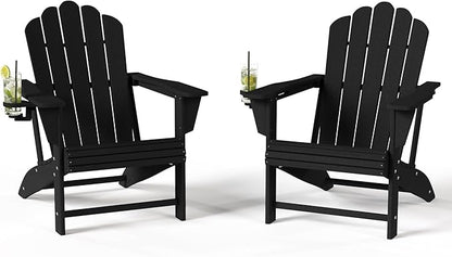 Costaelm Lakeview Outdoor Patio HDPE Adirondack Chairs with Cup Holders (Set of 2), Black