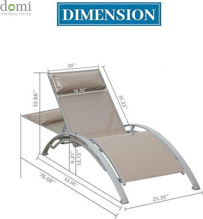 Domi Lounge Chair Set of 2, Aluminum Lounge Chairs for Outside with 5 Adjustable Positions, Chaise Lounge Outdoor for Pool, Garden, Beach, Camping, Backyard (Khaki)