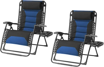 Zero Gravity Chair Set of 2 Oversized Folding Recliner, Padded Anti Gravity Lounge Chair with Adjustable Pillow & Cup Holder for Outdoor Camping, Patio, Poolside, Lawn (Black & Blue)