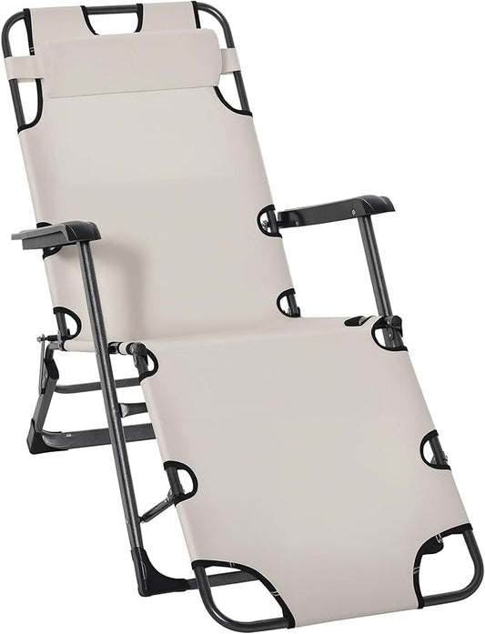 Outsunny Folding Chaise Lounge Chair for Outside, 2-in-1 Tanning Chair with Pillow & Pocket, Adjustable Pool Chair for Beach, Patio, Lawn, Deck, Cream White