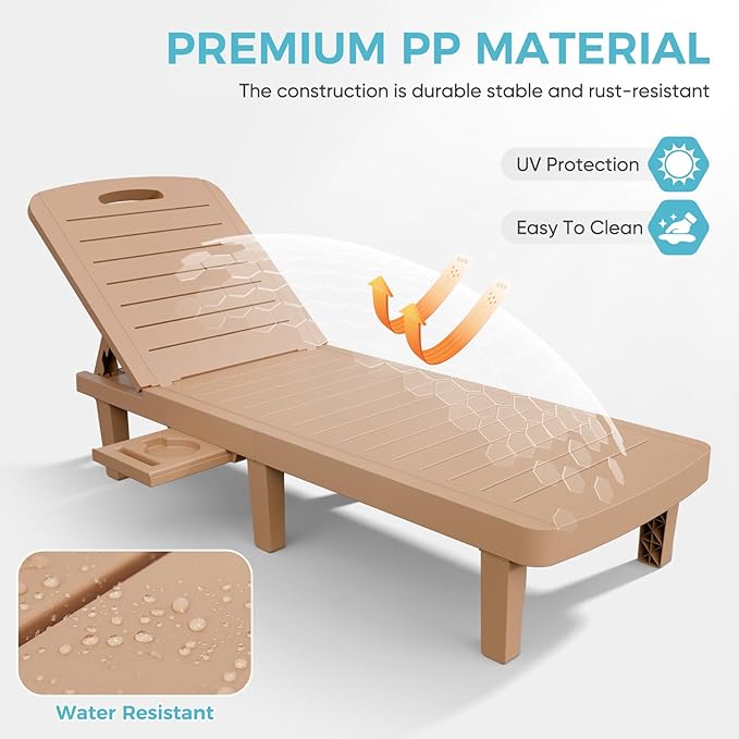 Outdoor Chaise Lounge Set of 6, 5-Position Adjustable Sun Lounge w/Pull-Out Tray, Waterproof PP Lounge Chairs for Outside, Lounge Chairs for Poolside, Patio, Beach, Yard in All Weather,Brown