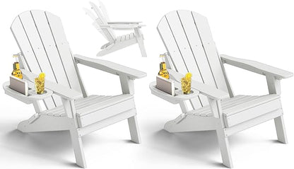 Adjustable Adirondack Chair Set of 2 with Cup Holder, All Weather HDPE Fire Pit Chairs for Deck, Backyard, Patio, White