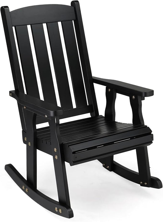 VINGLI Heavy Duty 600 LBS Outdoor Wooden Rocking Chair with Higher Backrest,Patio Rocking Chair with Ergonomic Design, Weatherproof Outdoor Rockers Suit for Patio, Garden, Balcony, Yard, Black