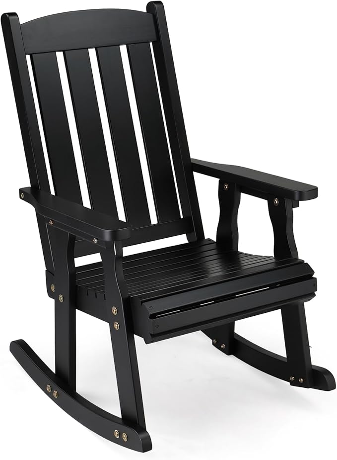 VINGLI Outdoor Rocking Chair, Heavy Duty 600 LBS Wooden Rocking Bench with Comfortable Backrest, Weatherproof Patio Rocker with Ergonomic Design, Wood Rocking Chair for Patio, Garden (Black, 1PC)