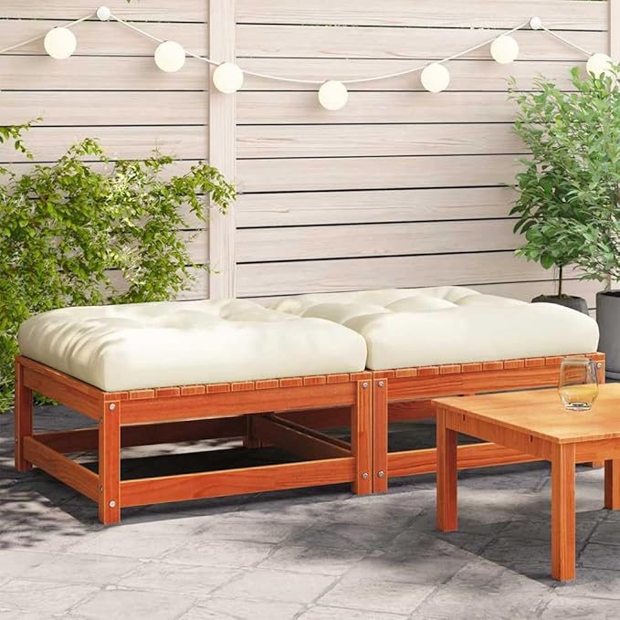 Outdoor Patio Garden Footstool Set 2-Pack, 27.6"x27.6" Solid Pine Wood Stools with Removable Cream Cushion - Photo 1