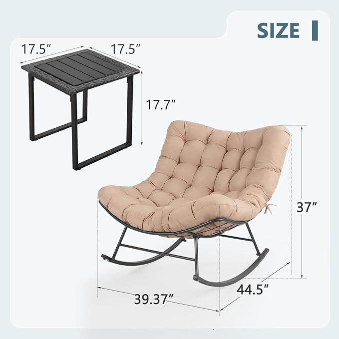Outdoor Rocking Chairs Set of 2 with Wicker Side Table, Thick Cushioned Papasan Rocking Chairs with End Table, 3PCS Oversized Egg Chair Set for Patio, Porch, Balcony, Bedroom, Living Room, Beige