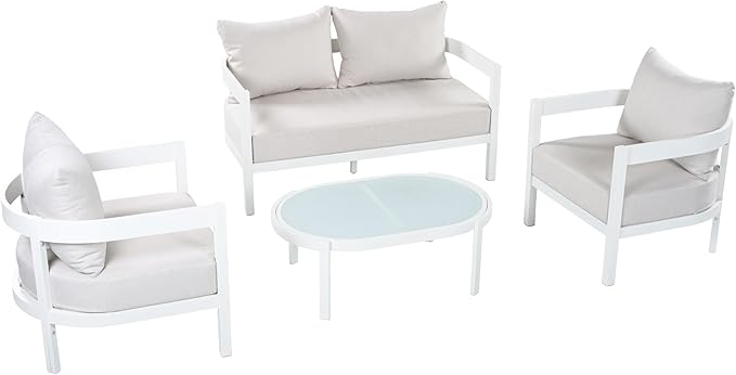 Merax 4 Piece Patio Outdoor Furniture Set, All-Weather Curved Aluminum Loveseat Sofa, 2 Armchairs w/Coushions - Photo 3