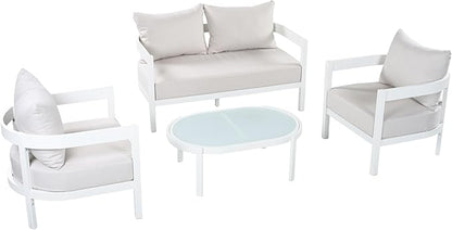 Merax 4 Piece Patio Outdoor Furniture Set, All-Weather Curved Aluminum Loveseat Sofa,2 Armchairs w/Coushions,Oval Coffee Table, Conversation Set for Backyard Deck Poolside, Seats 5 Adult, White