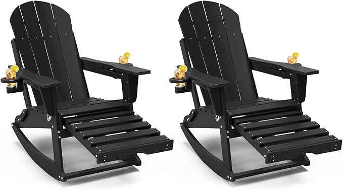 Adirondack Rocking Chairs Set of 2 with Retractable Ottoman, All Weather Folding Adirondack Chair with Two Cup Holders, Adirondack Outdoor Rocking Chairs for Porch, Patio, Balcony. Black