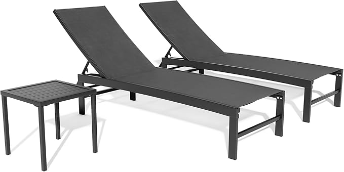 Crestlive Products 2PCS Chaise Lounge Chairs Outdoor with 1PC Side Table, Aluminum Patio Lounge Set, Adjustable Five-Position Recliner for Beach, Pool, Sunbathing, Lawn, Yard