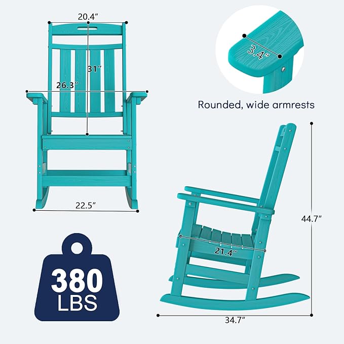 Plawdlik Oversized Outdoor Rocking Chair - All-Weather Resistant,HDPE Heavy Duty Patio Rockers with High Back - Perfect for Porch, Lawn, Garden, Modern Style,Aruba