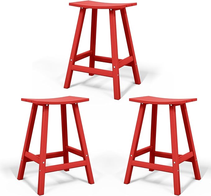 Costaelm All-Weather Bar Stools Set of 3, 24" Height Outdoor Bar Stools, Adirondack Poly Patio Bar Stool for Patio, Deck, Kitchen Counter and Garden, Red